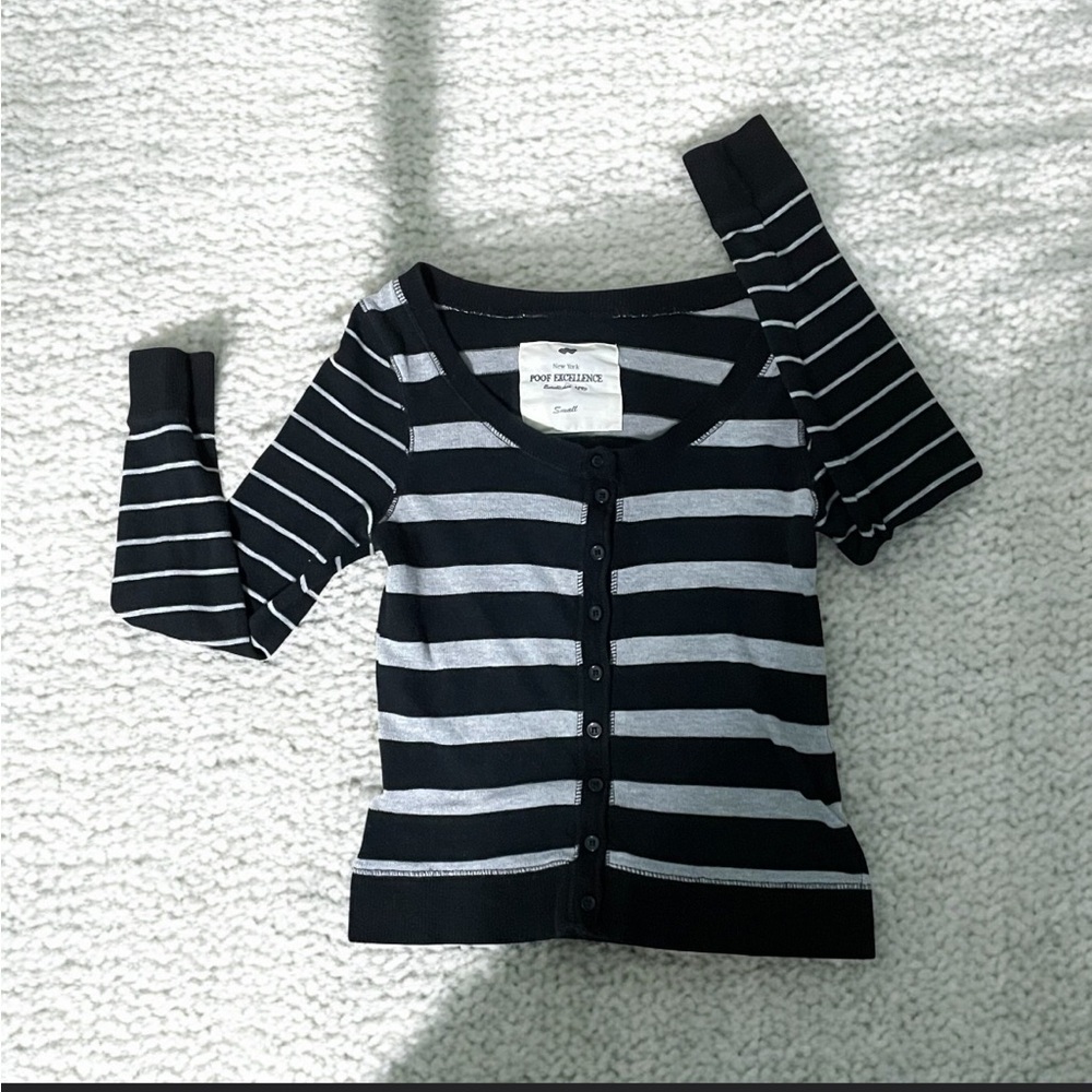 Poof Excellence  Black and Gray Striped Button Down Cardigan